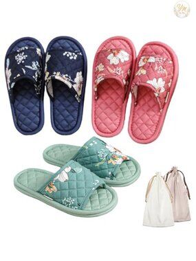 Floral Cotton Open Toe Slippers, Washable Travel Spa Slippers, 3 Pair Set